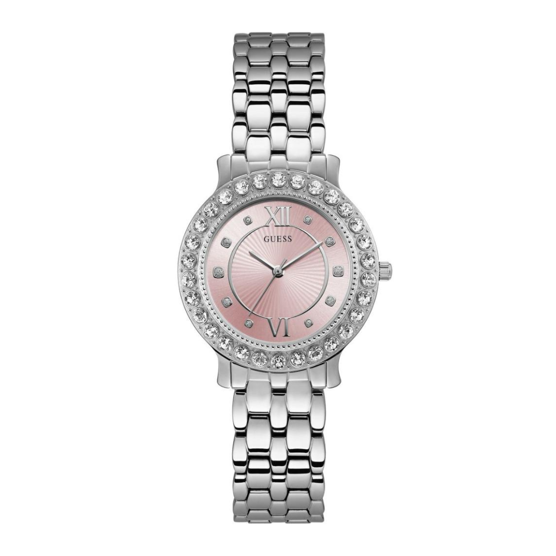 Silver watch with a pink face on a white background