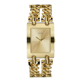 Gold watch with chain design on a white background
