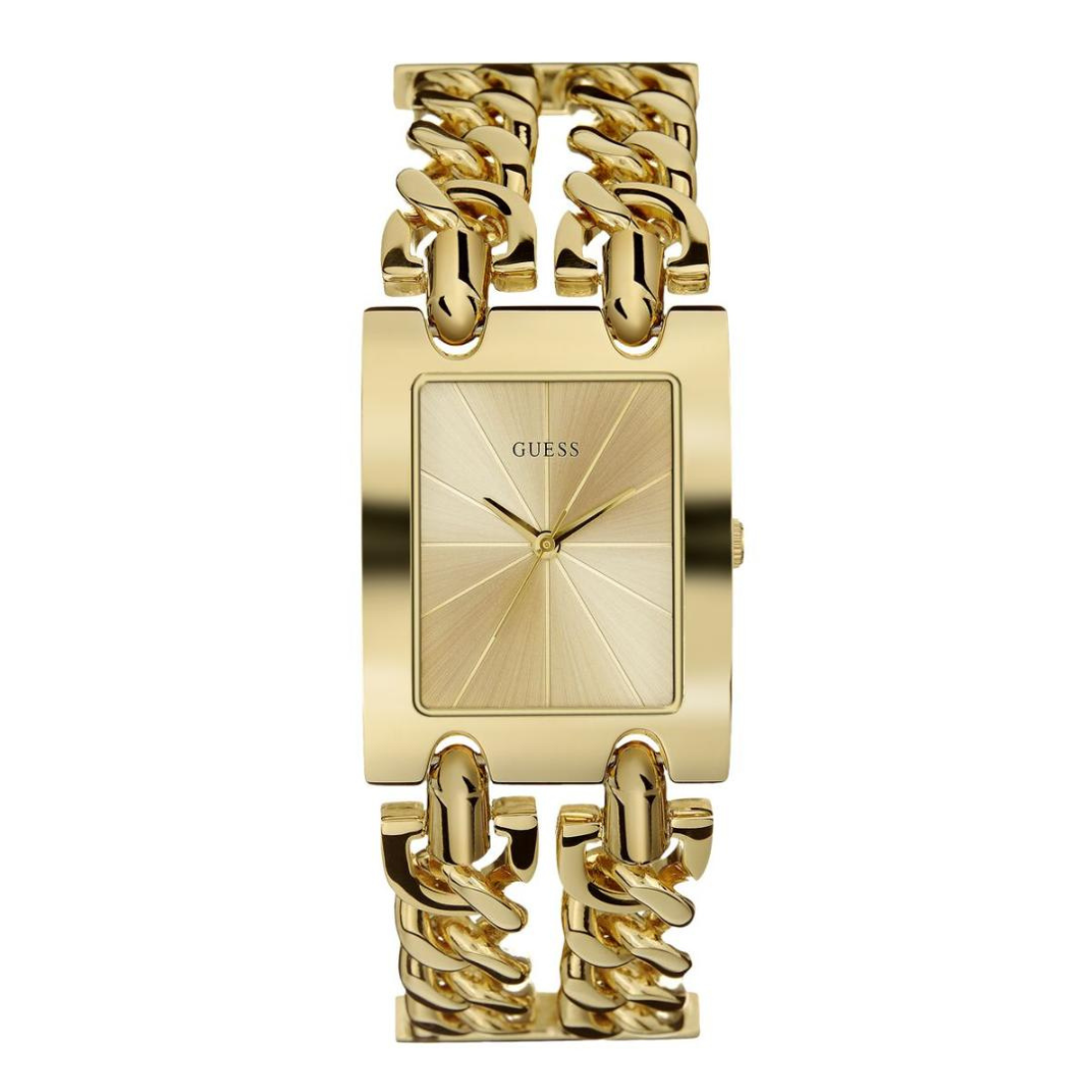 Gold watch with chain design on a white background