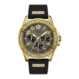 Gold watch with black strap and diamond-studded accents on a white background