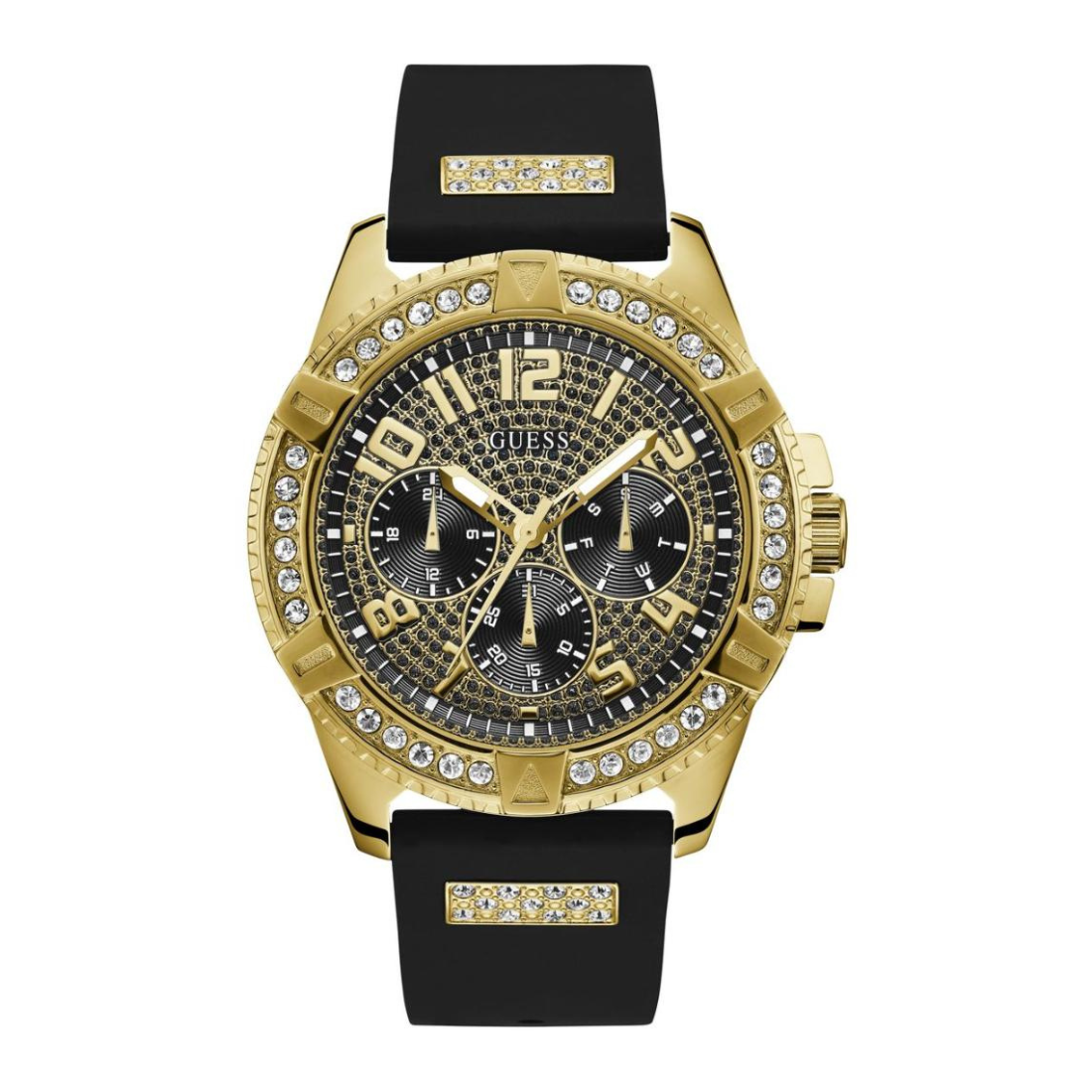 Gold watch with black strap and diamond-studded accents on a white background
