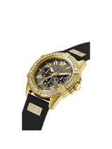 Gold watch with black strap and diamond accents on a white background