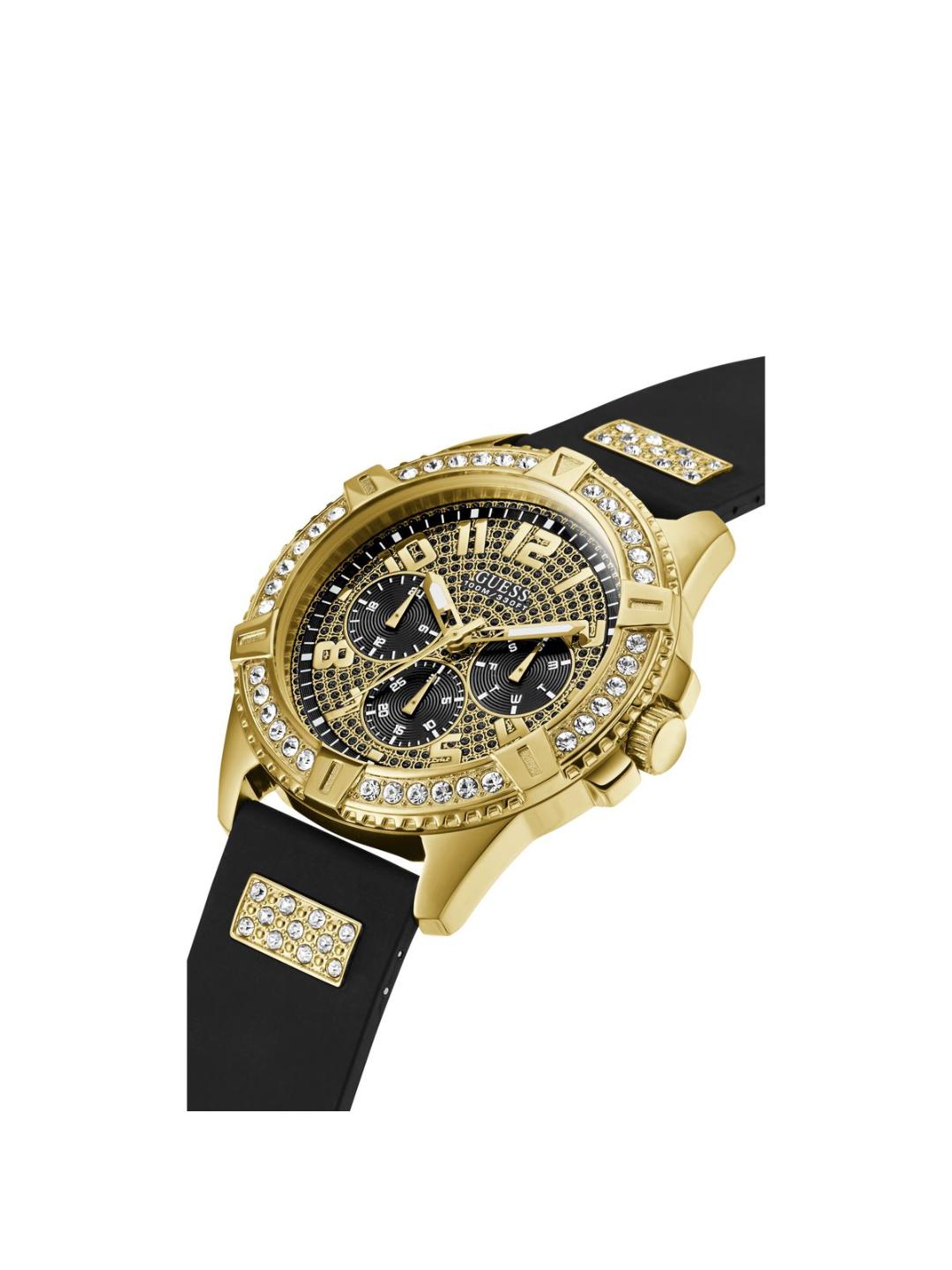 Gold watch with black strap and diamond accents on a white background