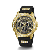Gold and black watch with gemstone accents on a white background