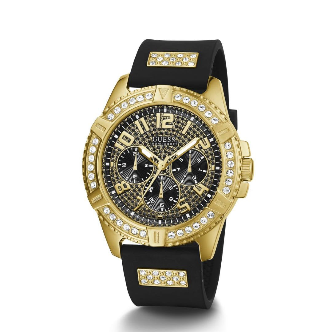 Gold and black watch with gemstone accents on a white background