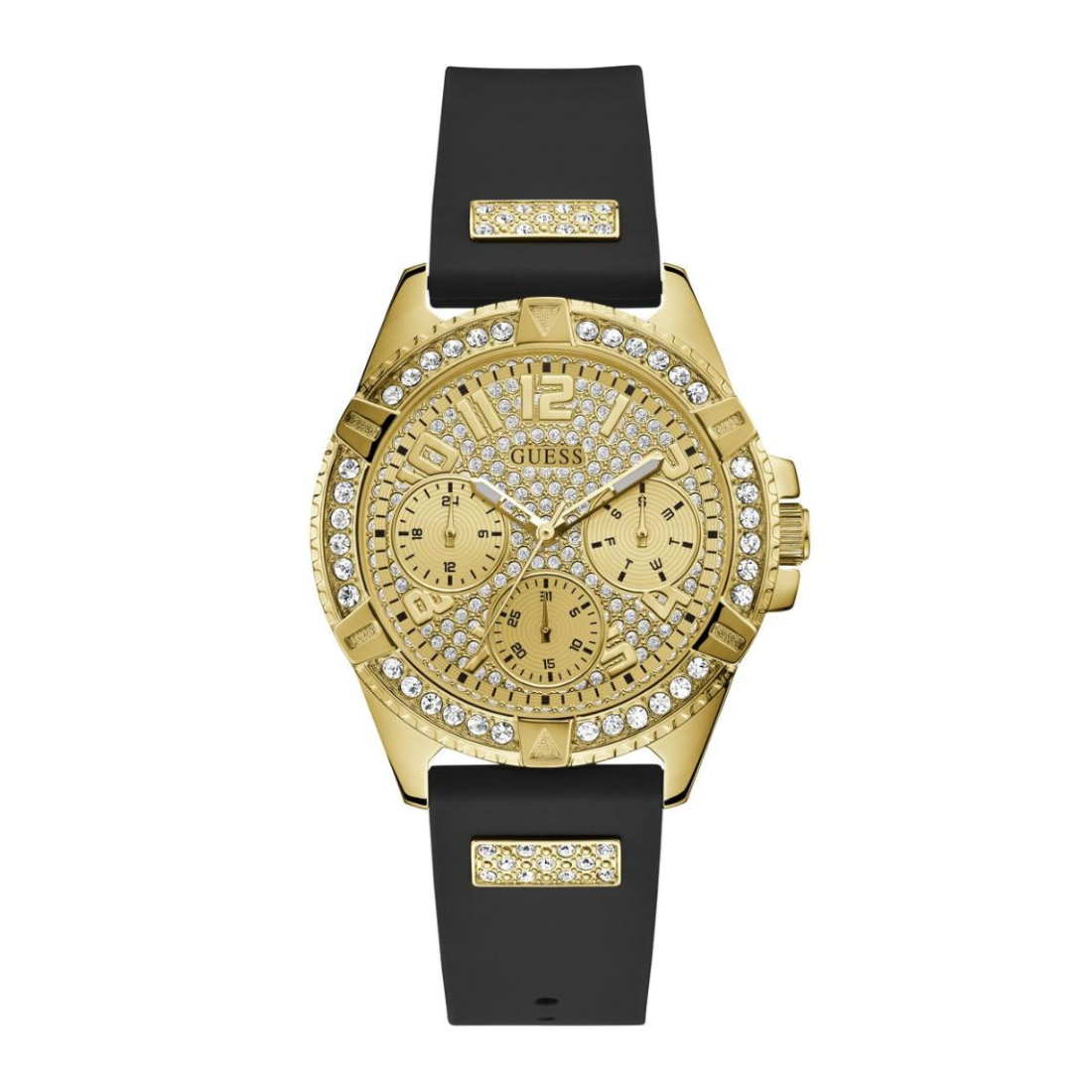 Gold watch with black strap on a white background