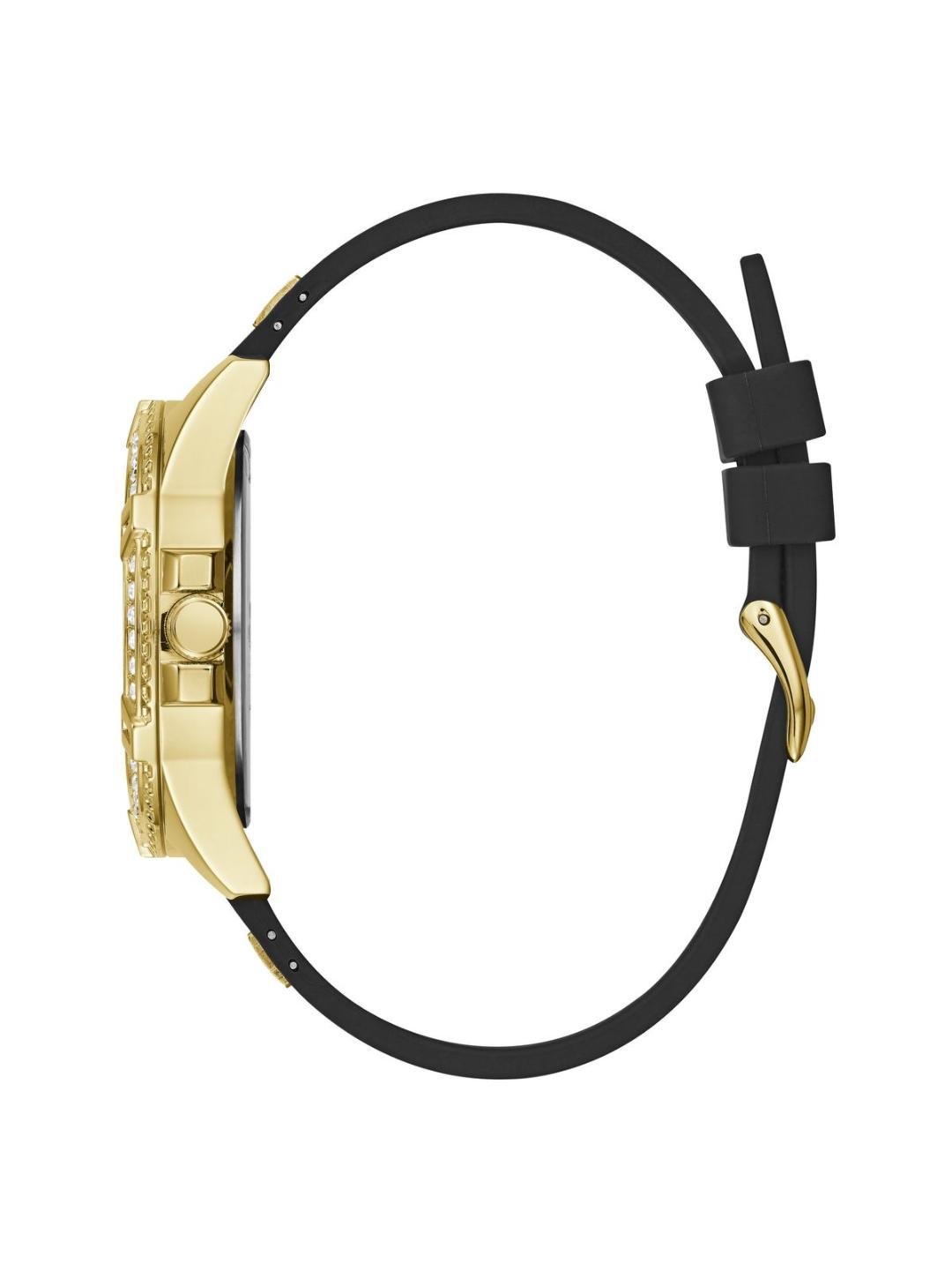 Gold watch with black strap on a white background