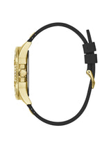 Gold watch with black strap on a white background