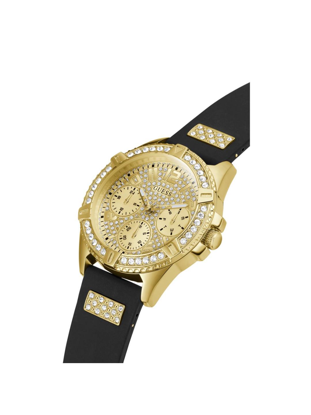 Gold watch with black strap featuring gemstones on a white background