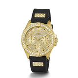 Gold watch with black strap and gemstones on a white background