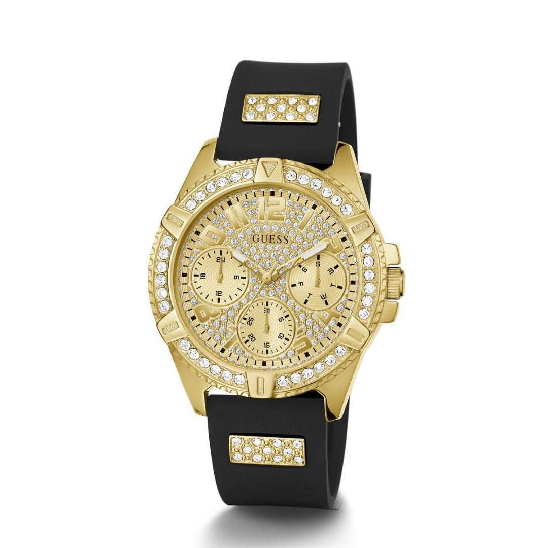 Gold watch with black strap and gemstones on a white background