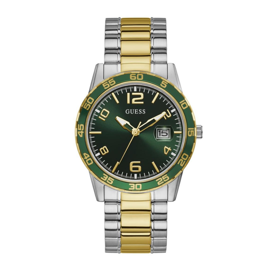 Two-tone watch with green face and gold accents on a white background