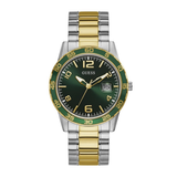 Two-tone watch with green face and gold accents on a white background