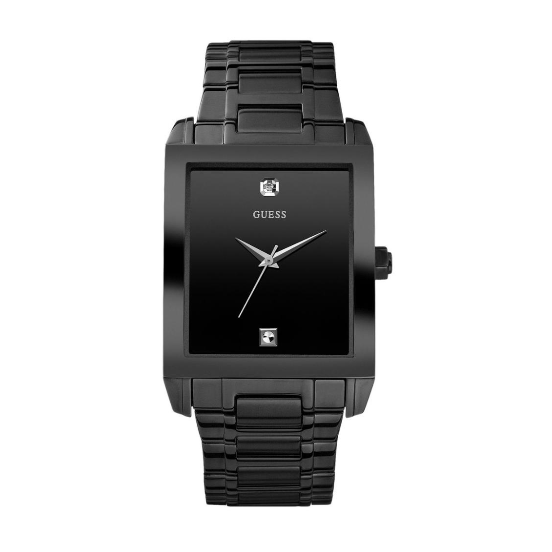 Black Guess watch with square face and metal band on white background
