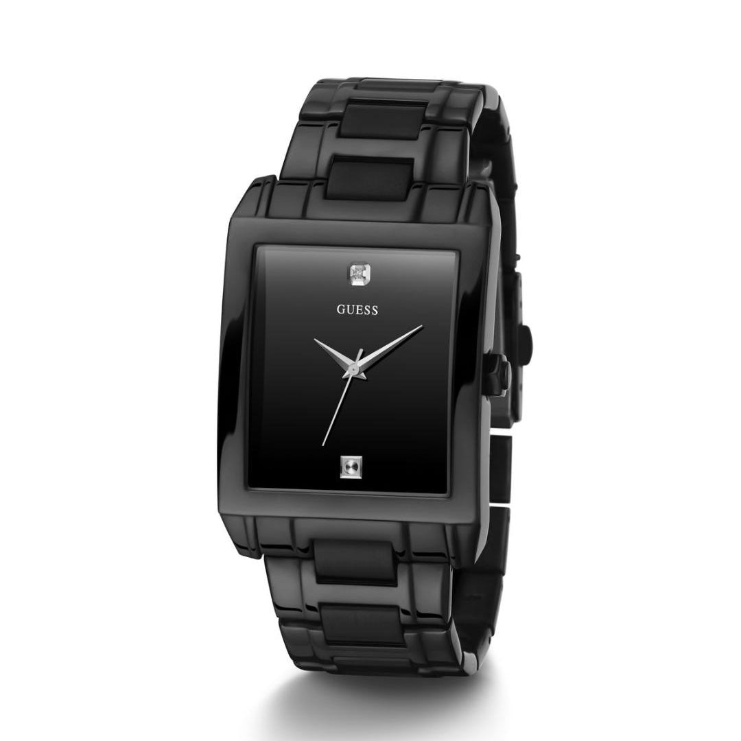 Black watch with a square face on a white background