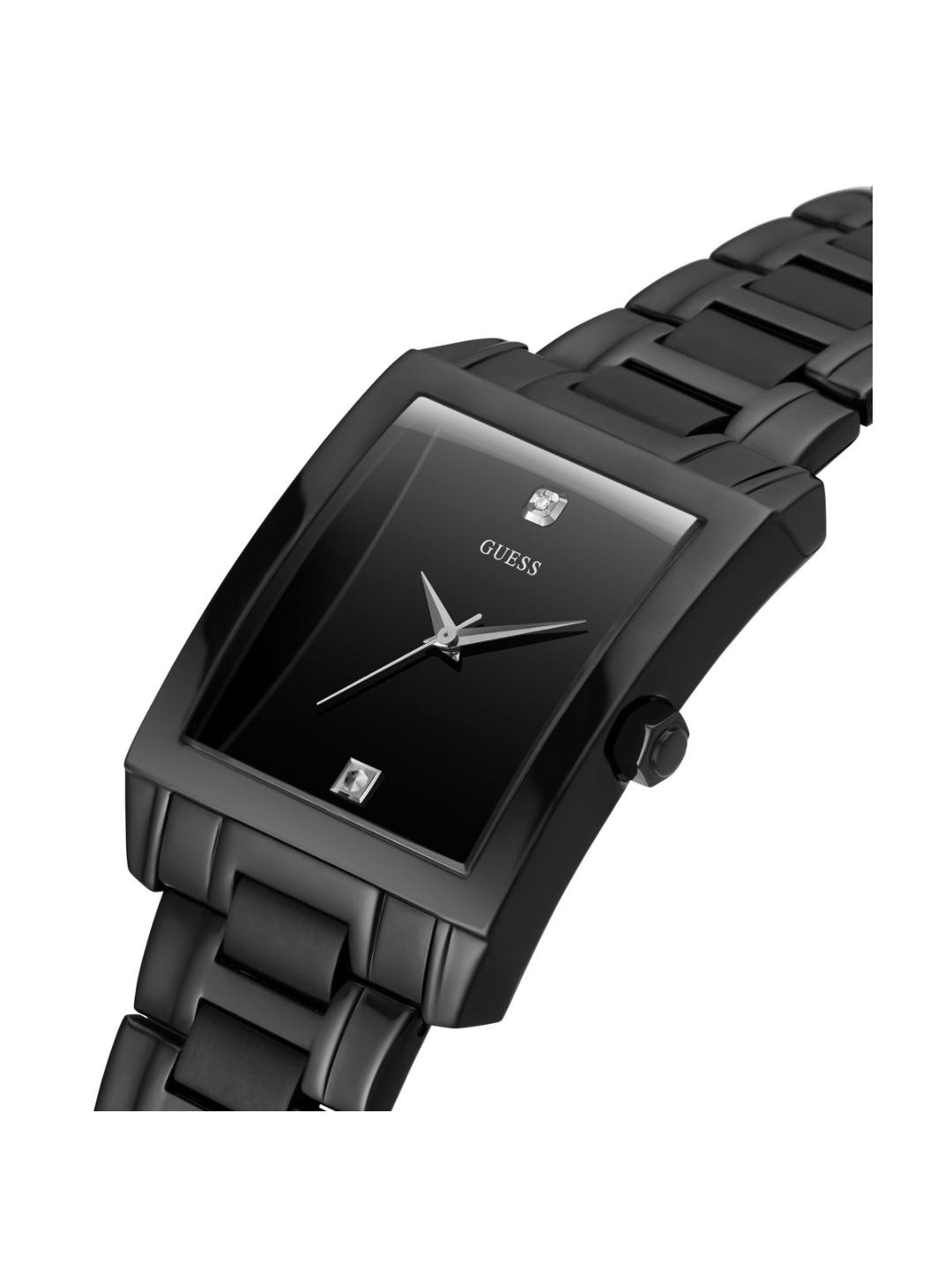 Black rectangular watch with a visible brand logo on a white background
