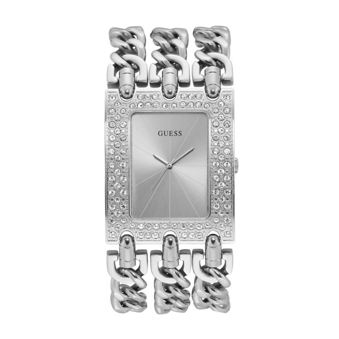 Silver Guess watch with intricate design on a white background