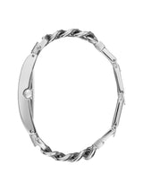 Silver bracelet with a twisted design on a white background