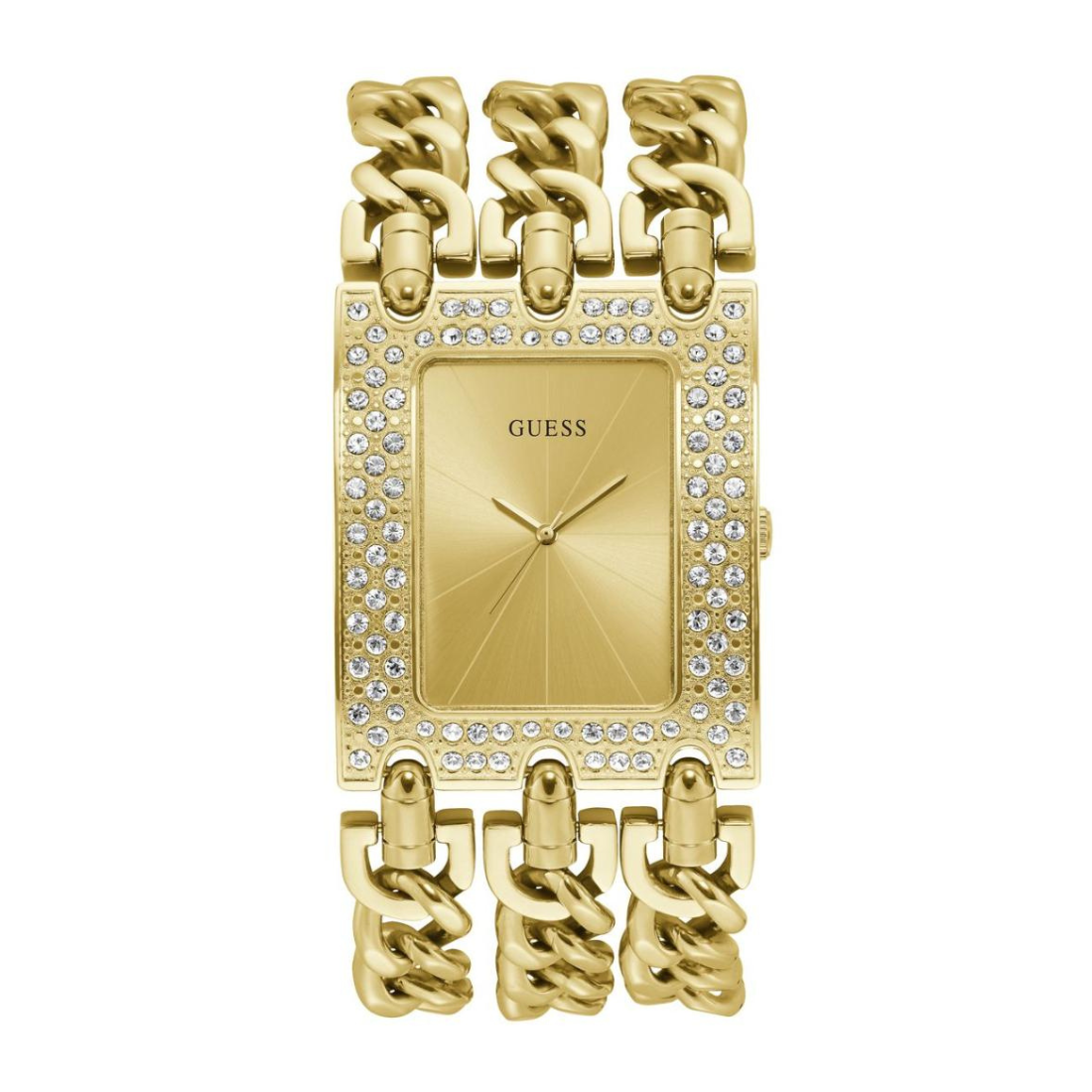 Gold watch with chain design on a white background