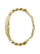 Gold bracelet with braided design on a white background