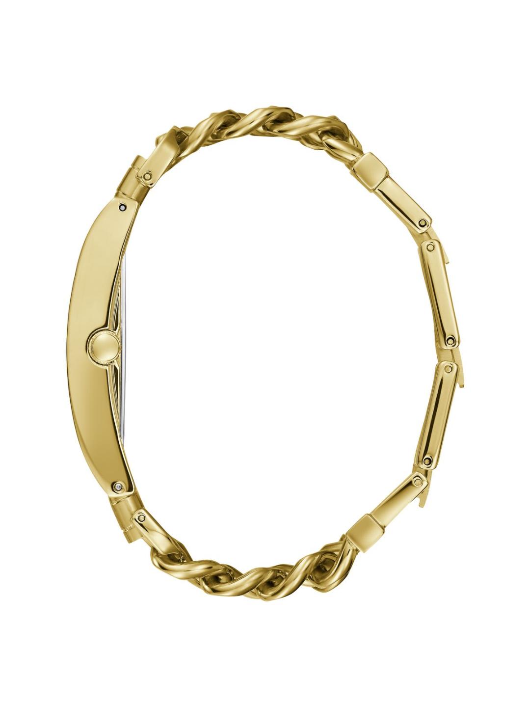 Gold bracelet with braided design on a white background