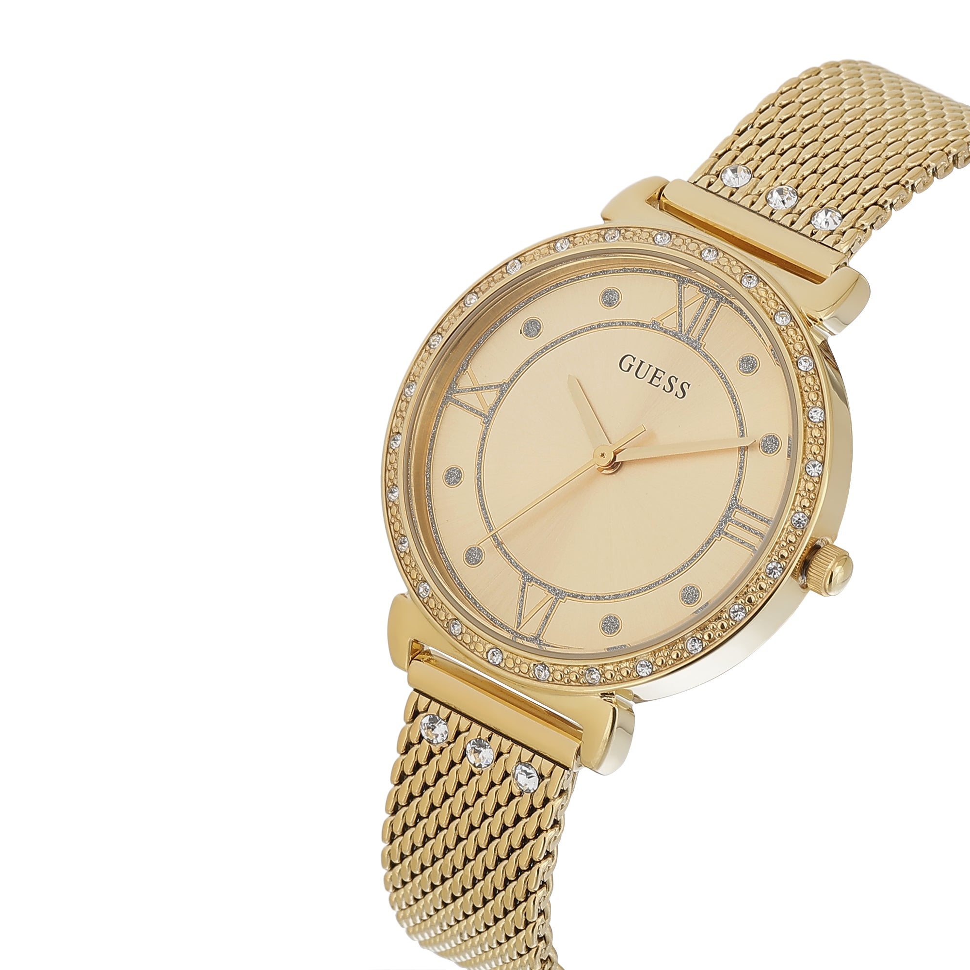 Guess Women 34 mm Quartz Analog Champagne Dial Gold Stainless Steel Mesh Strap Watch U1289L2M