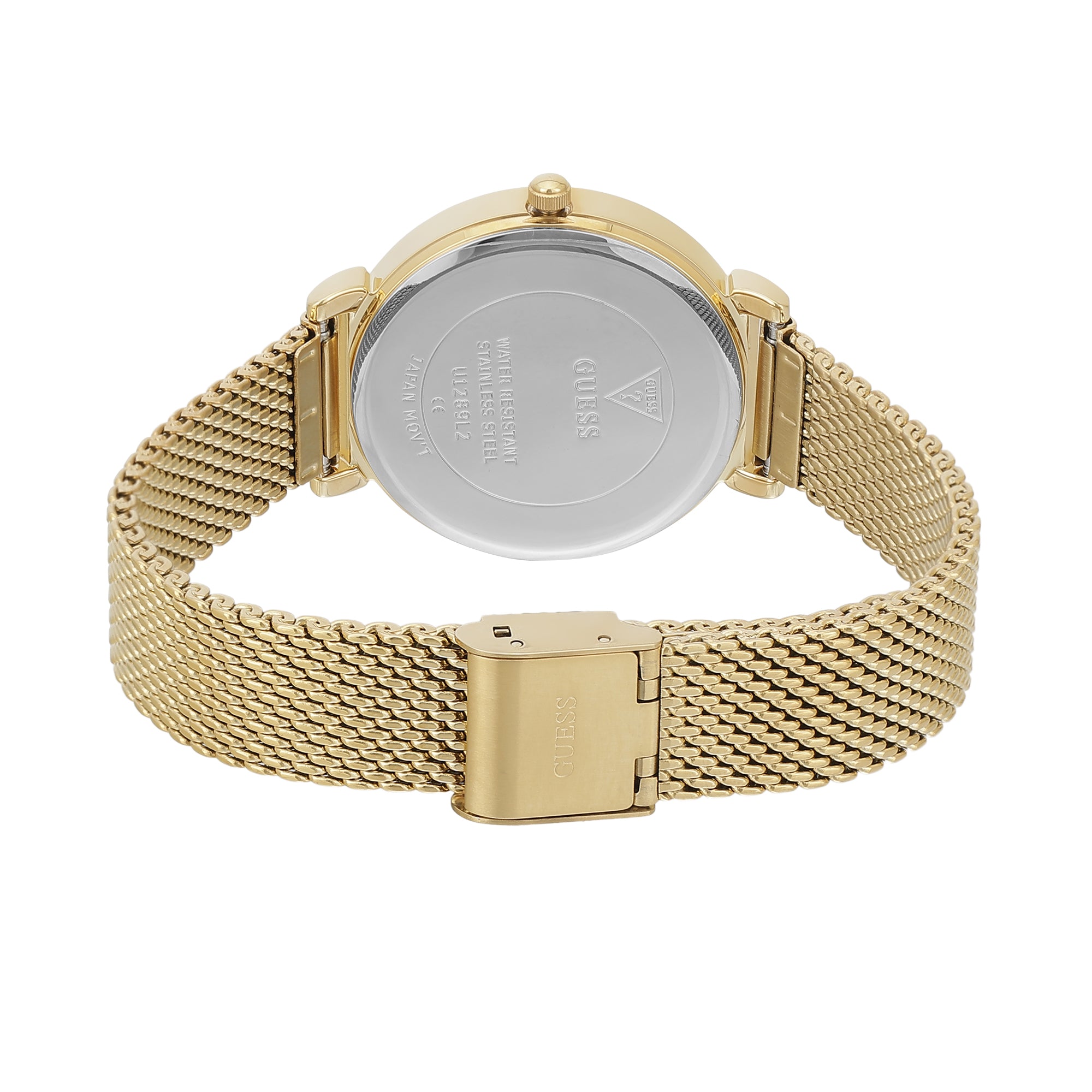 Guess Women 34 mm Quartz Analog Champagne Dial Gold Stainless Steel Mesh Strap Watch U1289L2M