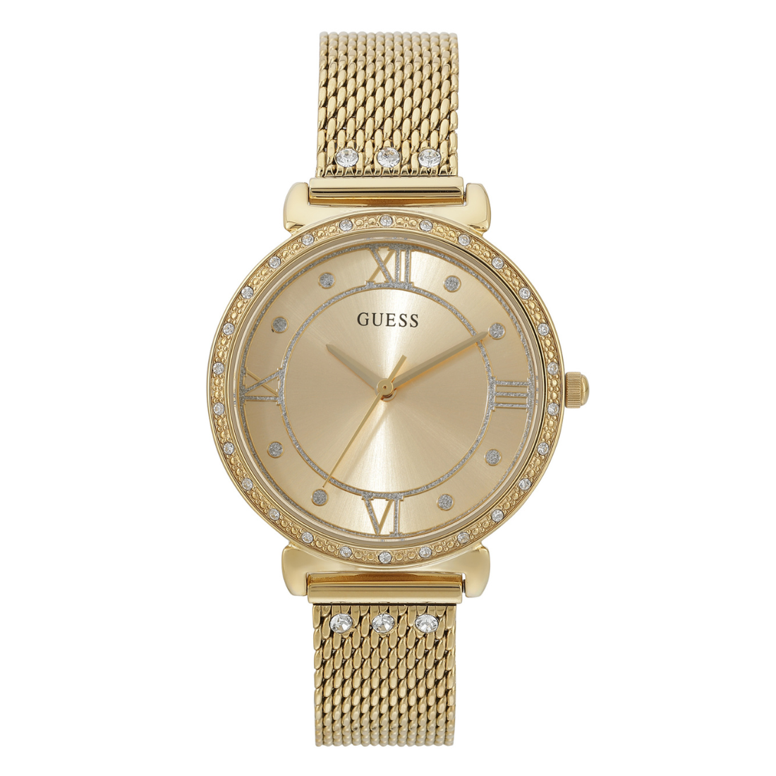 Gold watch with mesh band and diamond accents on a white background