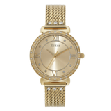 Gold watch with mesh band and diamond accents on a white background