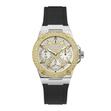 Guess watch with black strap and gold-detailed face on a white background