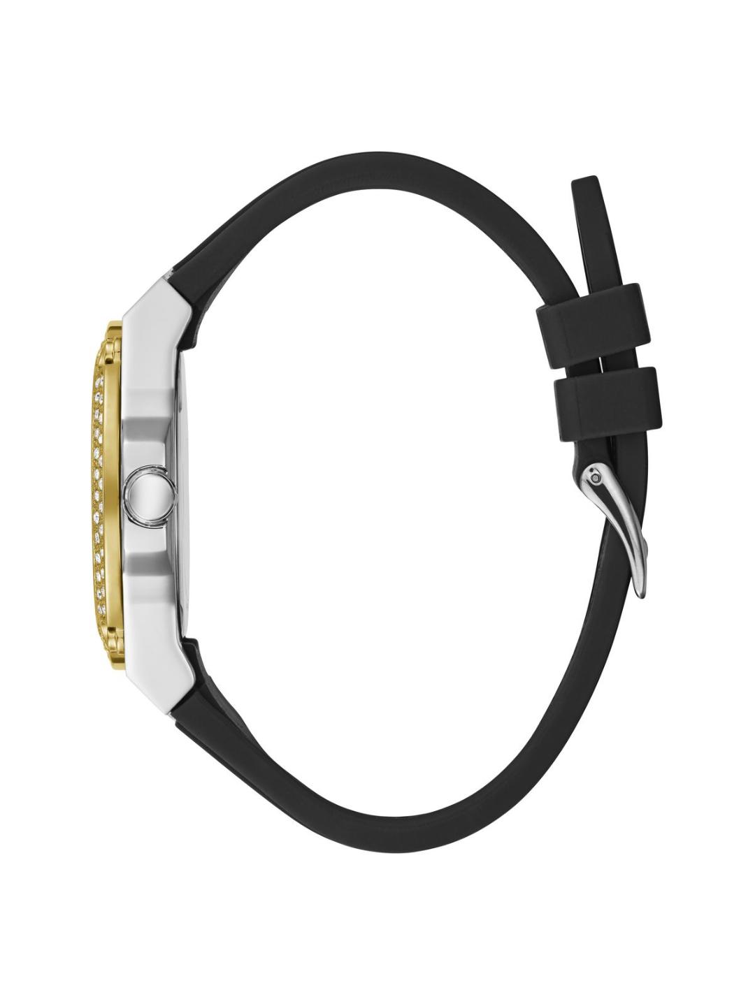 Watch with black strap and gold case on a white background