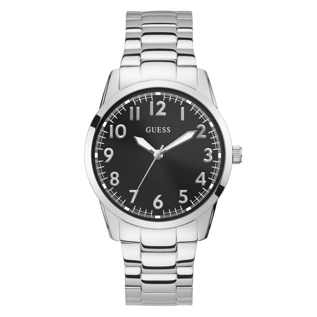 Silver watch with black dial on a white background