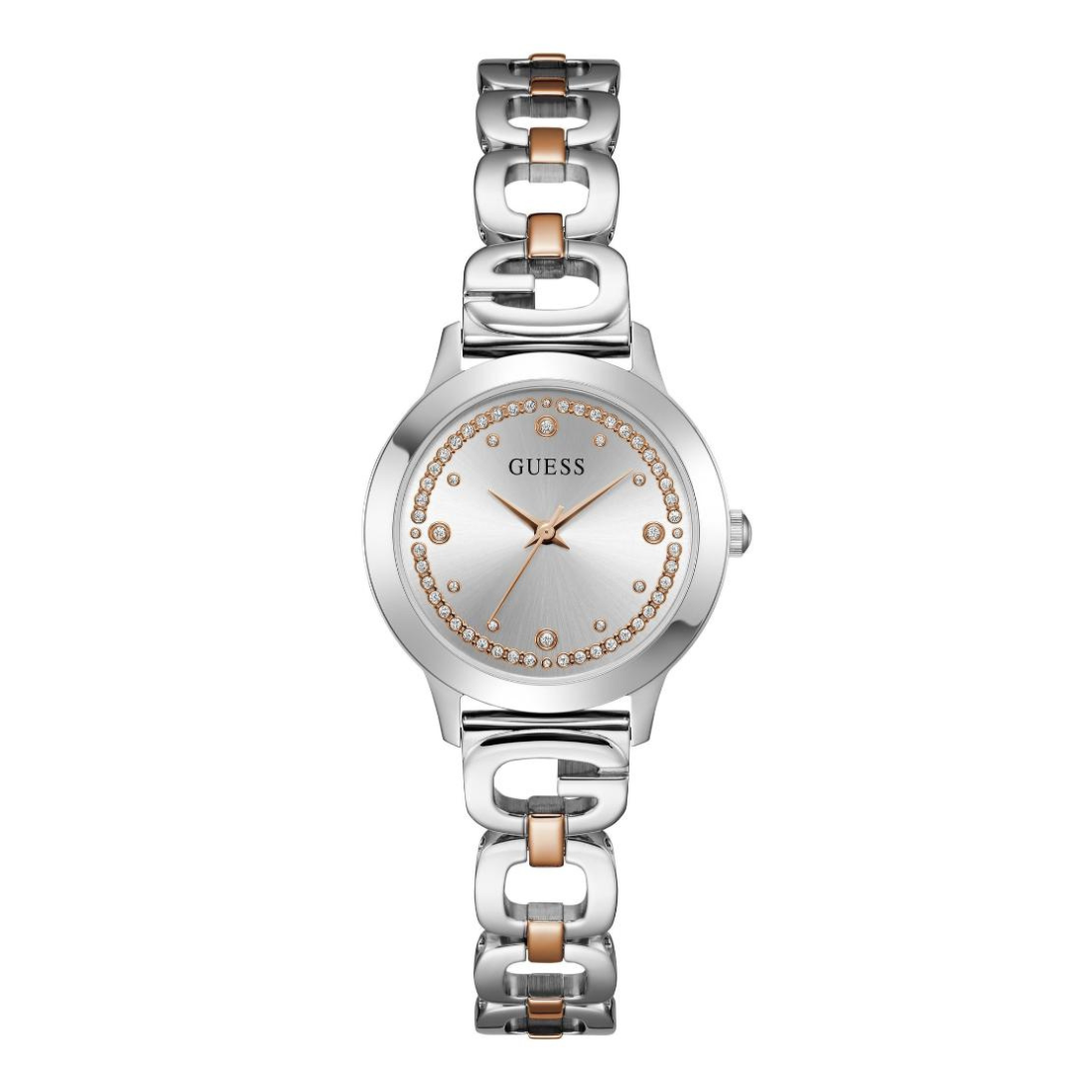 Silver and rose gold watch with 'GUESS' branding on a white background