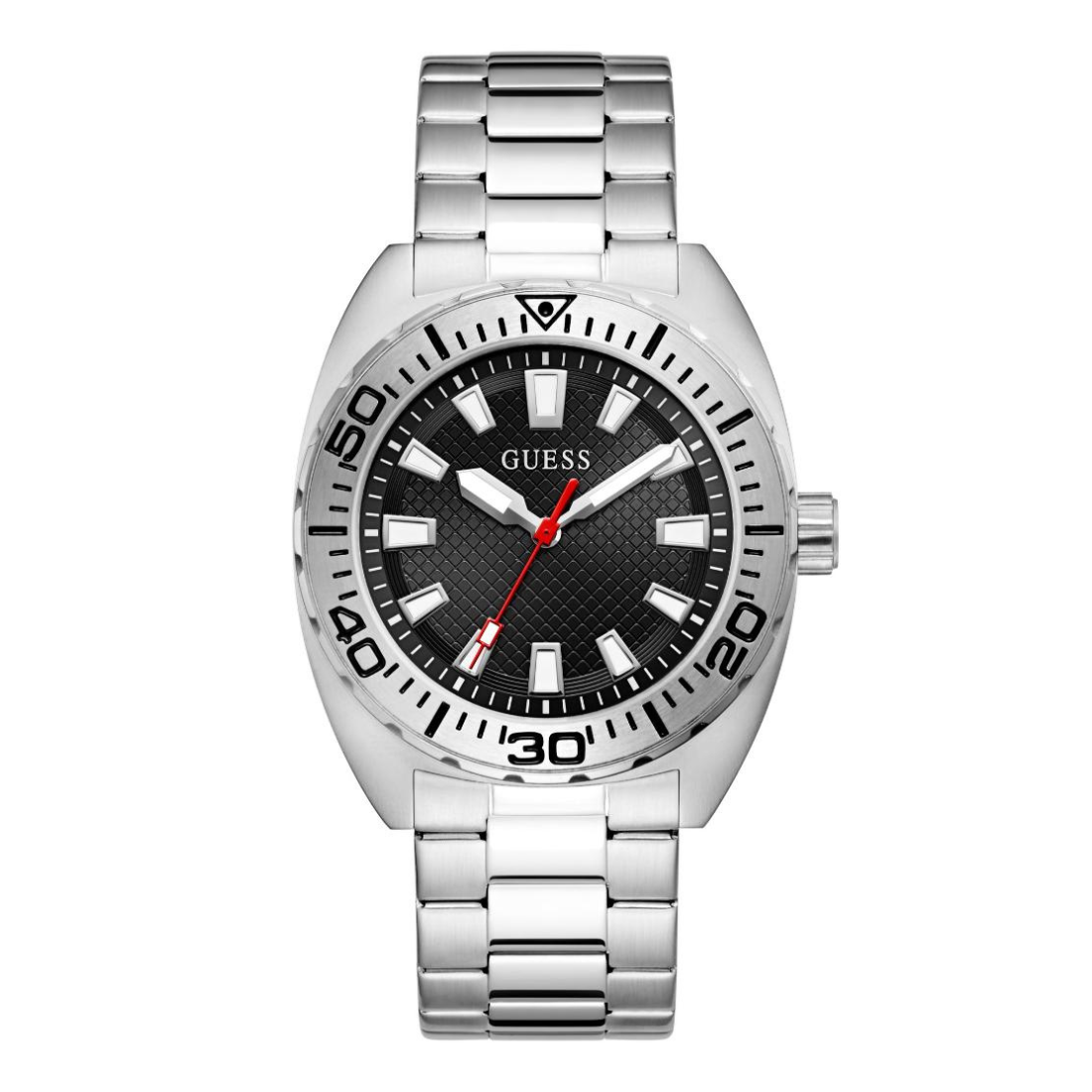 Silver watch with black dial and red second hand on a white background