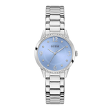 A Guess women's analog watch with a silver stainless steel link bracelet, a light blue dial, and a bezel accented with small clear crystals.