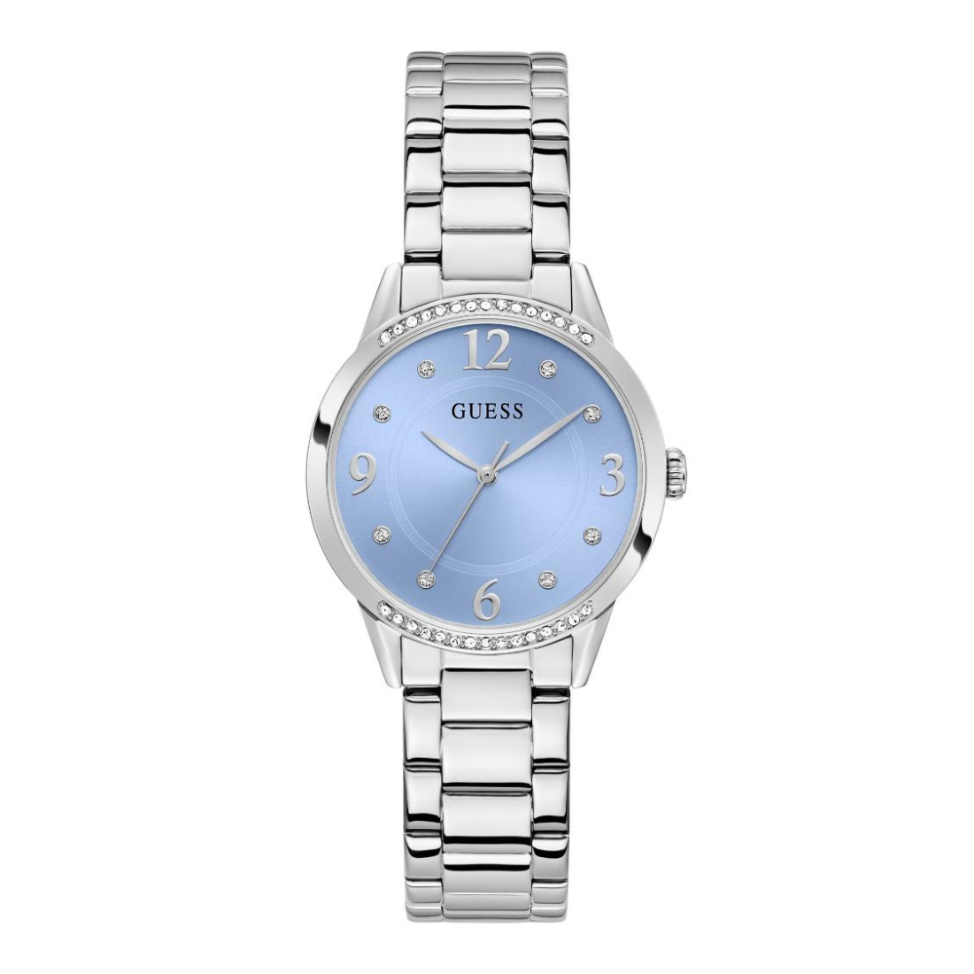A Guess women's analog watch with a silver stainless steel link bracelet, a light blue dial, and a bezel accented with small clear crystals.
