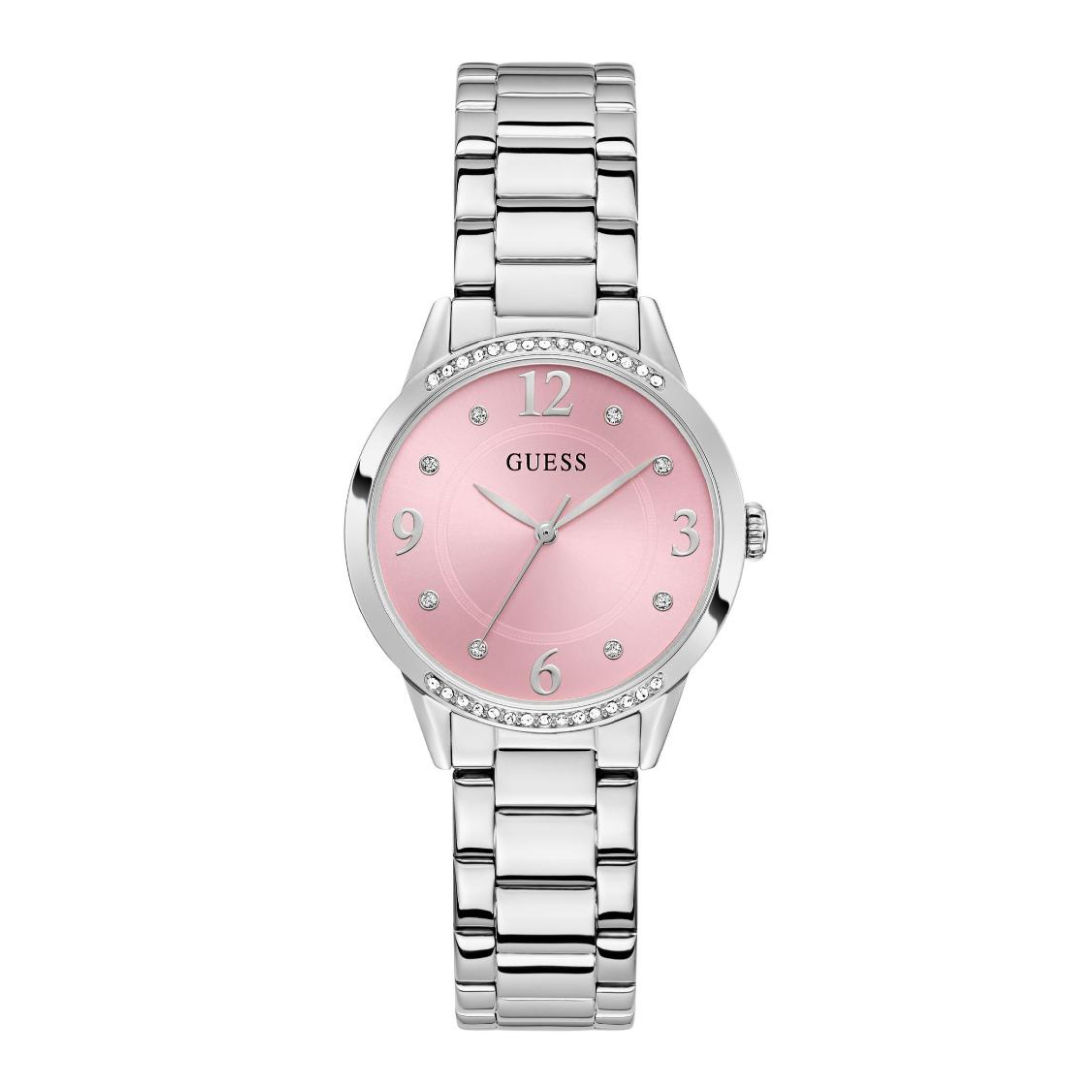 A Guess women's analog watch with a silver stainless steel link bracelet, a pink dial, and a bezel accented with small clear crystals.