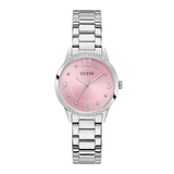 A Guess women's analog watch with a silver stainless steel link bracelet, a pink dial, and a bezel accented with small clear crystals.