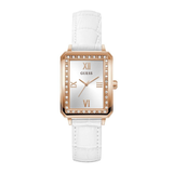 Guess watch with rose gold case and white strap on a white background