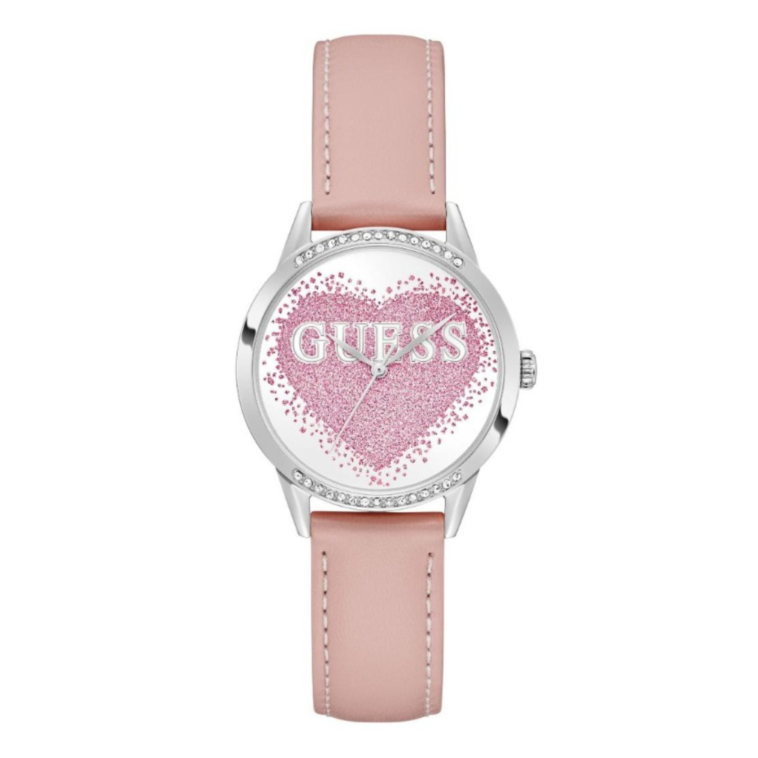 Guess watch with pink heart-shaped face and pink strap on a white background