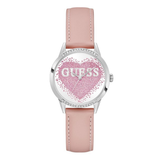 Guess watch with pink heart-shaped face and pink strap on a white background
