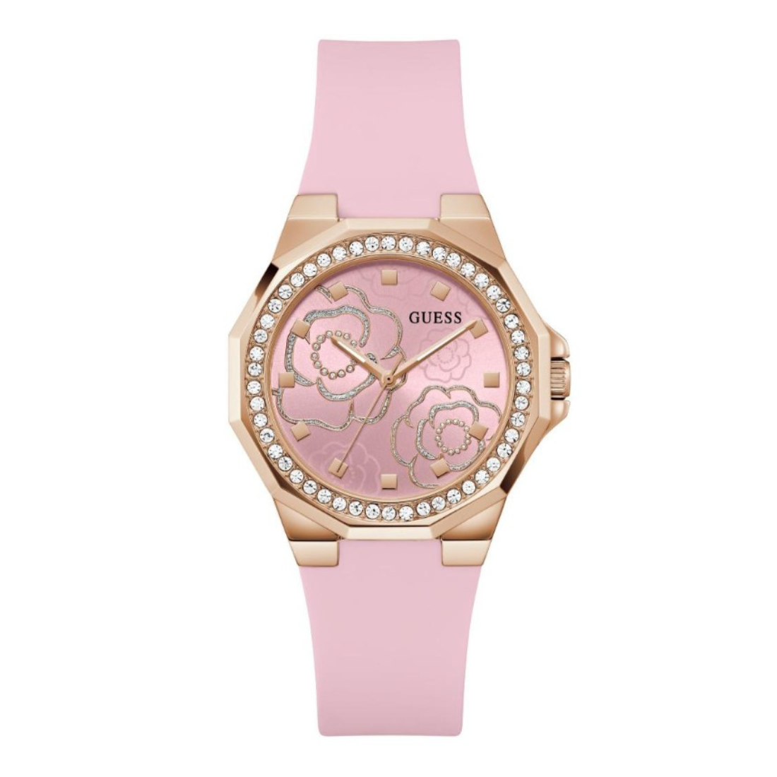Pink watch with rose design and Guess branding on a white background