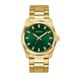 Gold watch with a green face on a white background
