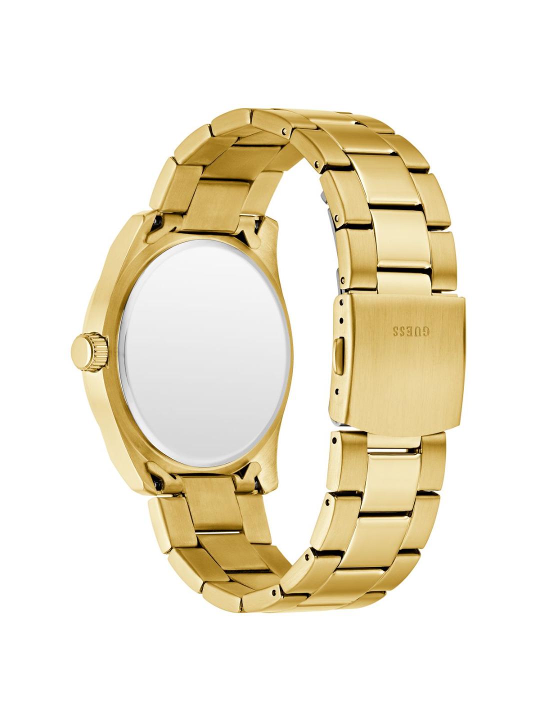 Gold watch with a white face on a white background