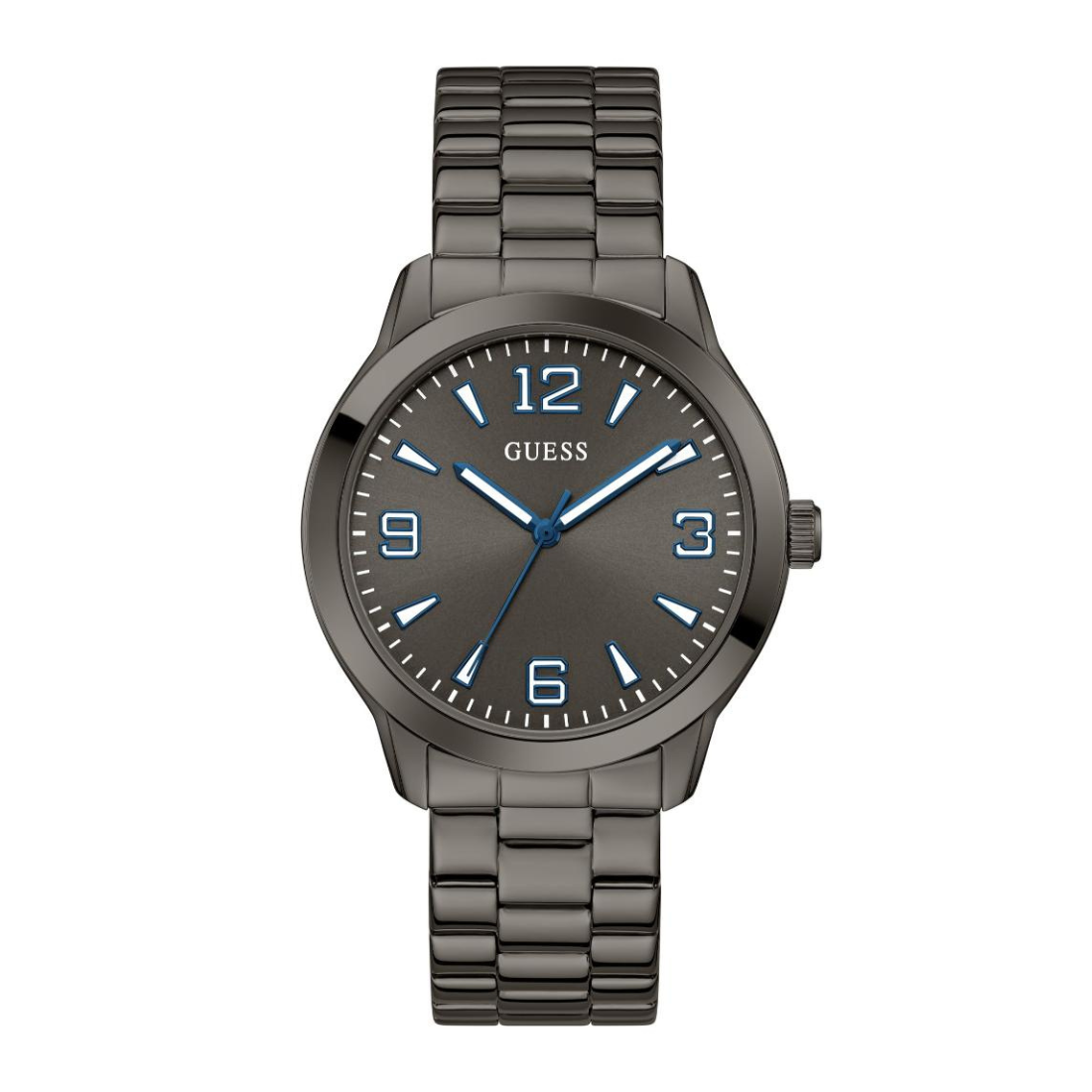 A Guess analog watch with a dark gray metal case and link bracelet, featuring a matching dark gray dial with bright blue hands, numerals, and second hand.
