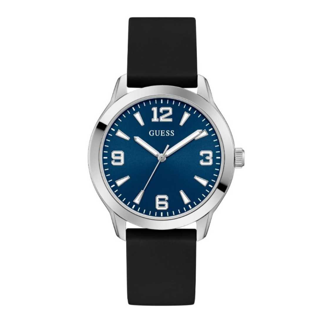 Guess watch with black strap and blue dial on a white background