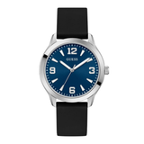 Guess watch with black strap and blue dial on a white background