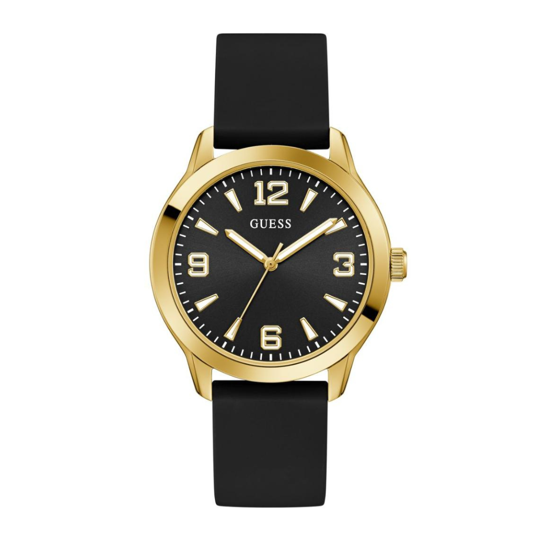 Black and gold watch with a black strap on a white background