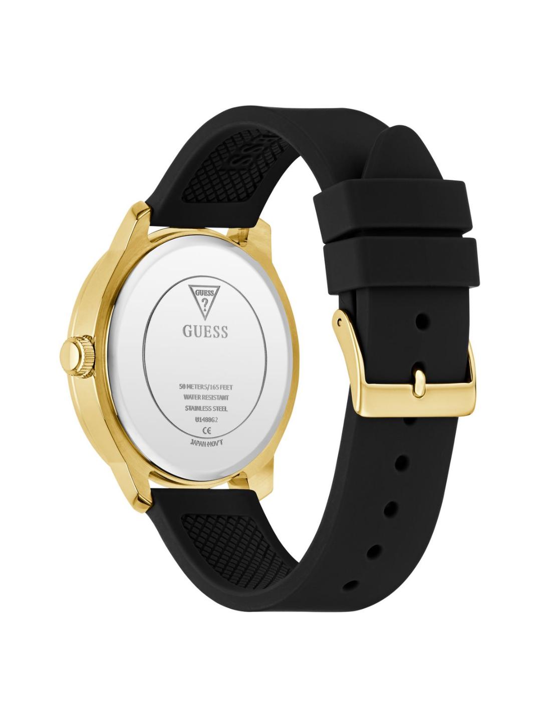 Black and gold watch with visible brand logo on a white background
