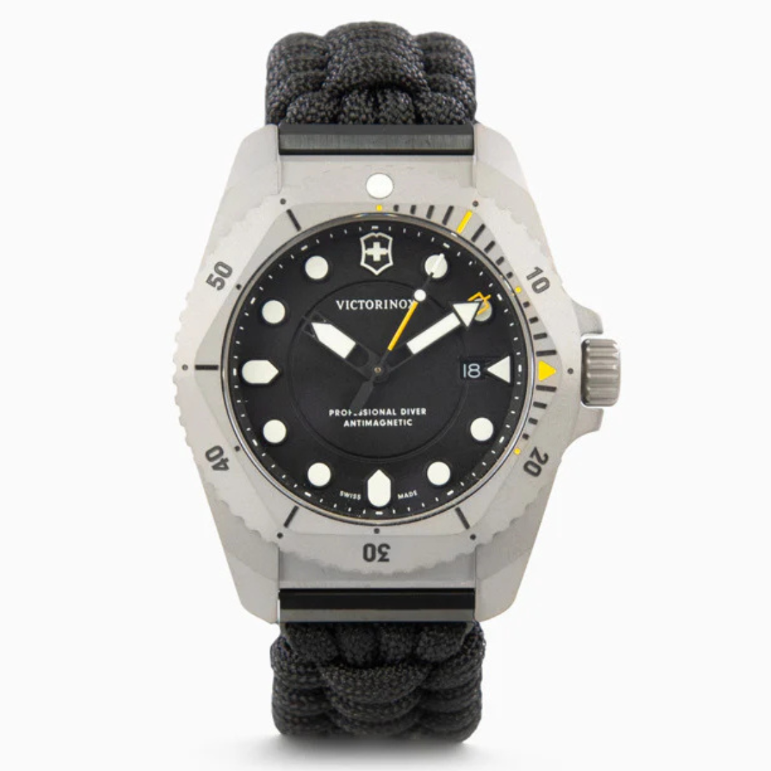 Victorinox Dive Pro Swiss Made Men's Analog Watch Black Dial 43 mm 300 M Water Resistant Black Paracord Strap Titanium Case Quartz Watch For Men | V241993.1